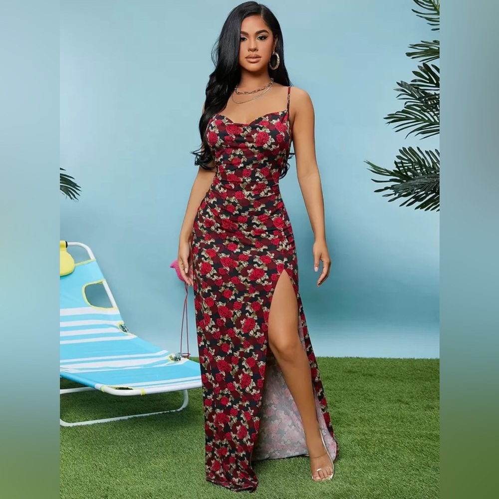 Floral Black and Red Maxi Dress size medium